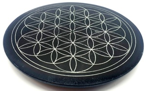 Porte-Encens Pierre Rond Noir Fleur de Vie 10cm
